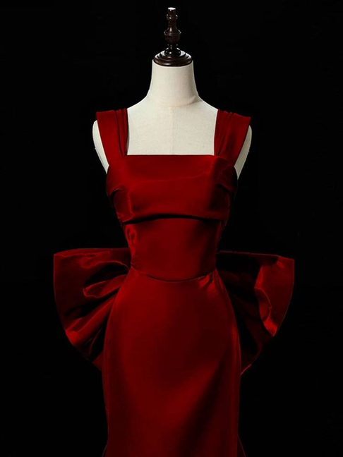 Modest Mermaid Square Neck Burgundy Satin Long Prom Dresses Party Dress 21st Birthday Outfits Graduation Dress AU257