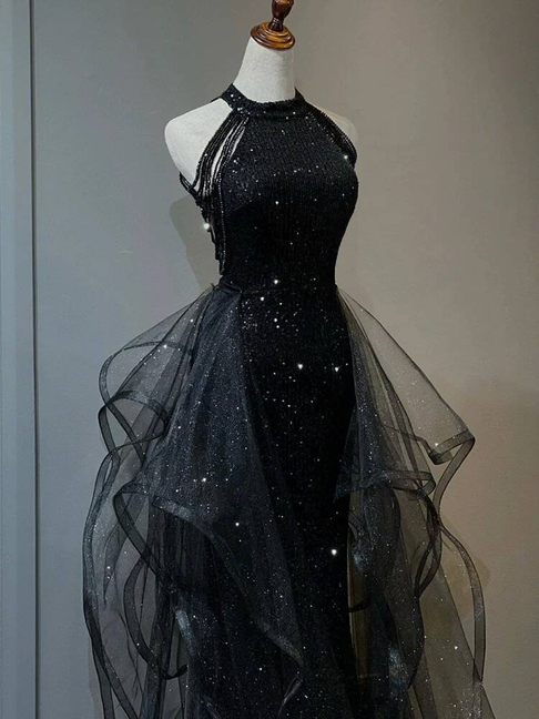 Classy Ball Gown High Neck Black Sequin Long Prom Dresses Party Dress 21st Birthday Outfits Graduation Dress AU260
