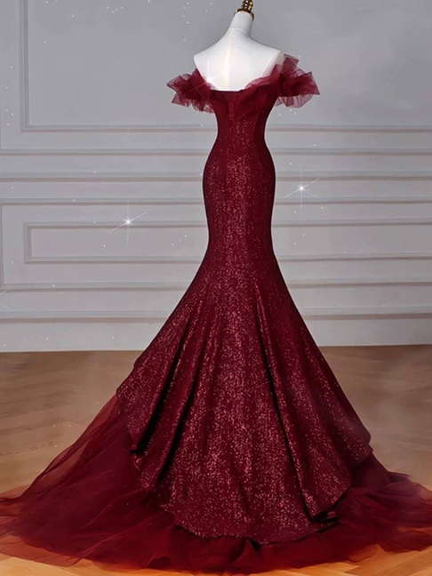 Classy Mermaid Off The Shoulder Burgundy Sequin Long Prom Dresses Party Dress 21st Birthday Outfits Graduation Dress AU262