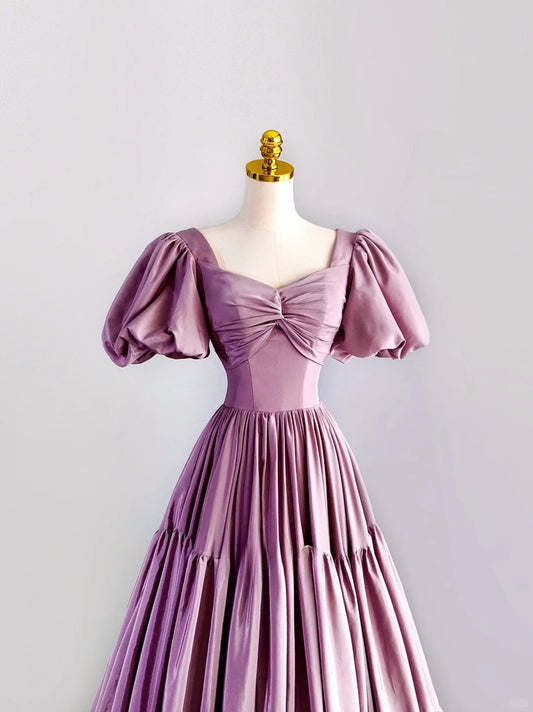 Modest A line Sweetheart Neck Lilac Satin With Puffy Sleeves Prom Dresses Long Evening Party Formal Outfits RB6652