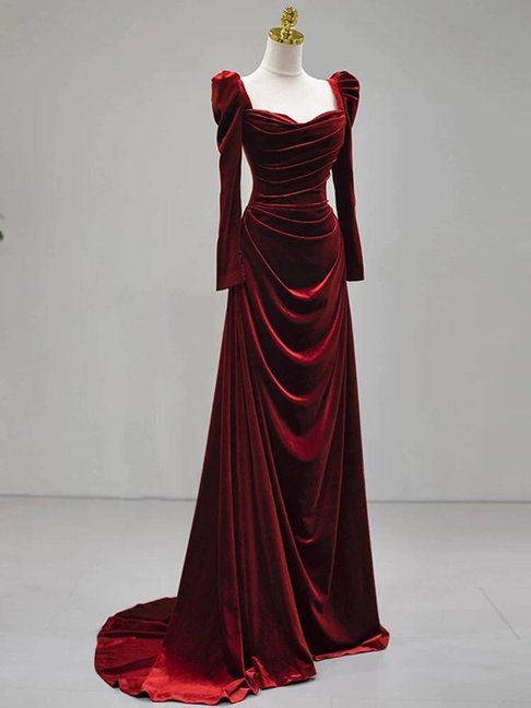 Modest Mermaid Sweetheart Burgundy Velvet Long Sleeves Prom Dresses Inspiration Party Dress Princess Graduation Dress AU267