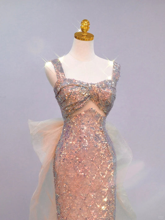 Sparkly Mermaid Sweetheart With Straps Pink With Bow Prom Dresses Long Evening Party Formal Outfits RB6655