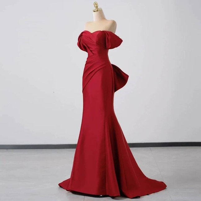 Modest Mermaid Off The Shoulder Red Satin Prom Dresses Party Dress 21st Birthday Outfits Graduation Dress AU287