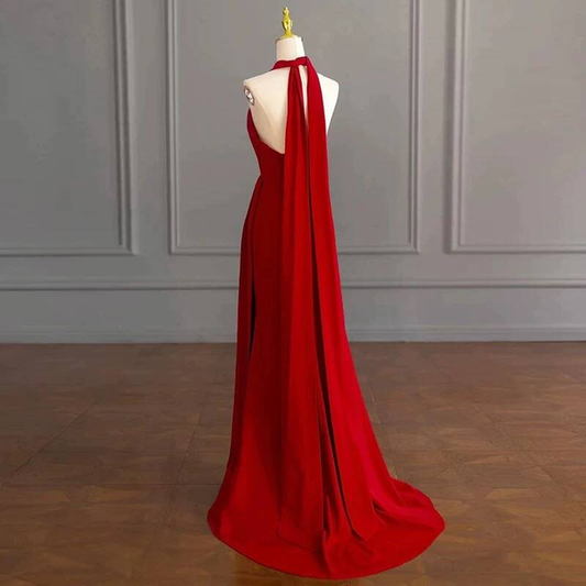 Modest A Line Halter Red Chiffon Long Prom Dresses Inspiration Party Dress Princess Graduation Dress AU288