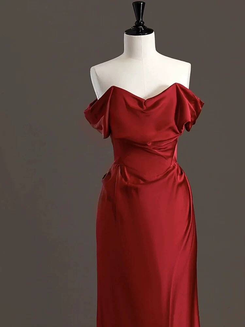 Modest Mermaid Off The Shoulder Burgundy Satin Prom Dresses Party Dress 21st Birthday Outfits Graduation Dress AU291