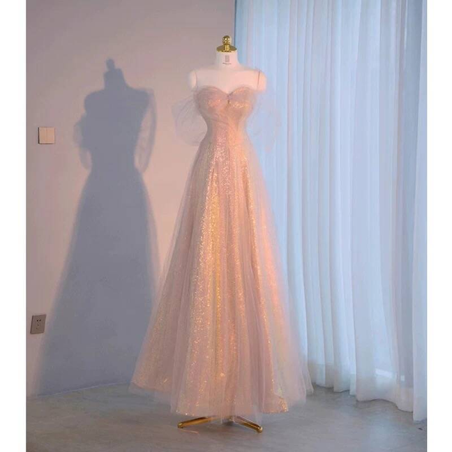 Beautiful A line Off The Shoulder Sequin Blush Pink Prom Dresses Inspi –  RubyFashionDress