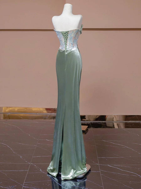Vintage Mermaid Strapless Green Long Satin Prom Dress Inspiration Party Formal Gown Prom Dresses AU336