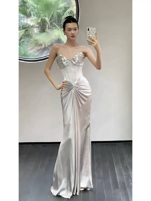 Simple Mermaid Sweetheart Satin Silver Floor Length Prom Dresses Party Dress 21st Birthday Outfits Graduation Dress AU352