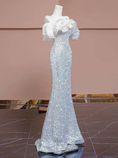 Sexy Mermaid Off The Shoulder Sequin Silver Long Prom Dress Inspiration Party Formal Gown Prom Dresses AU374