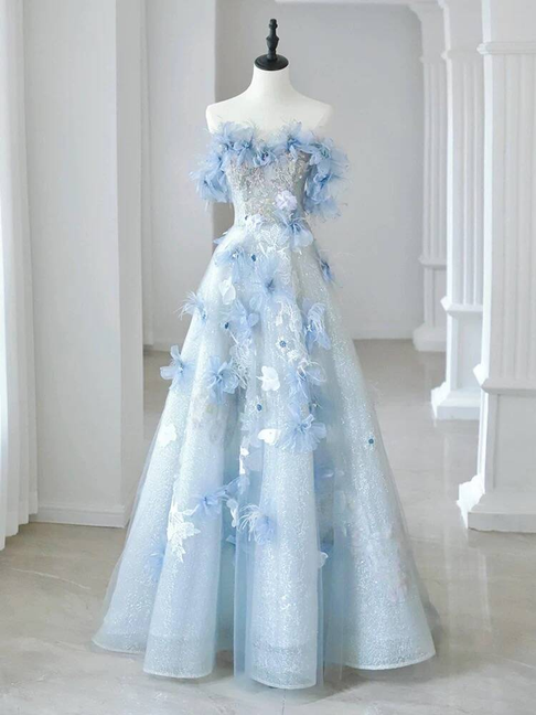 Modest Ball Gown Off The Shoulder Blue Sequin Long Prom Dress Inspiration Party Formal Gown Prom Dresses AU382