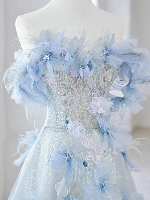 Modest Ball Gown Off The Shoulder Blue Sequin Long Prom Dress Inspiration Party Formal Gown Prom Dresses AU382
