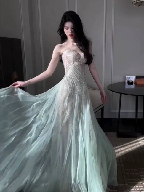 Beautiful Sheath Strapless Mint Green Sequin Prom Dresses Party Dress 17th Birthday Outfits Graduation Dress AU387