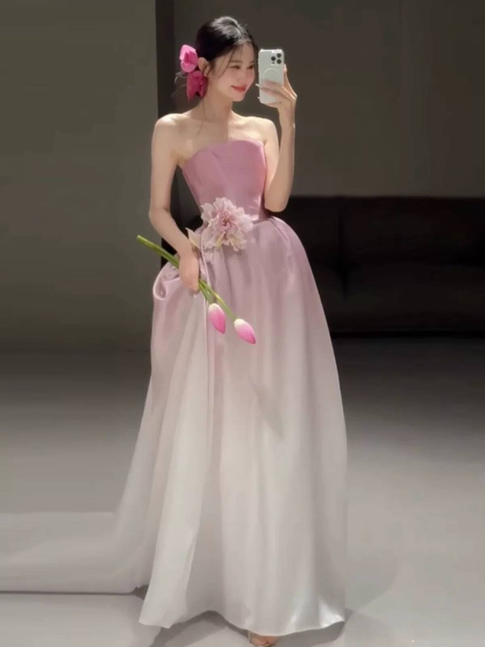 Modest Ball Gown Strapless Pink Satin Prom Dresses Party Dress Birthday Outfits Graduation Dress AU389