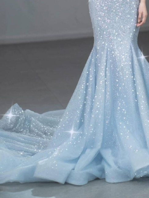 Bescheidene Meerjungfrau Spaghettiträger Hellhimmelblau Ballkleider Pailletten Partykleid Geburtstagsoutfits Abschlusskleid AU400