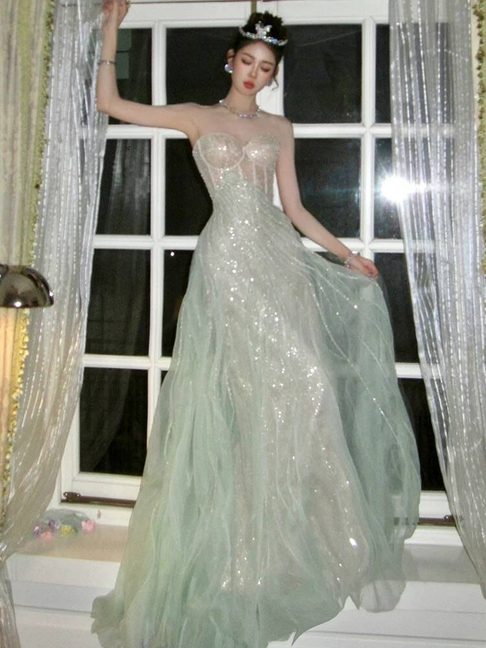 Chic Long Mint Green Straps Sequined Evening Dresses With Slit