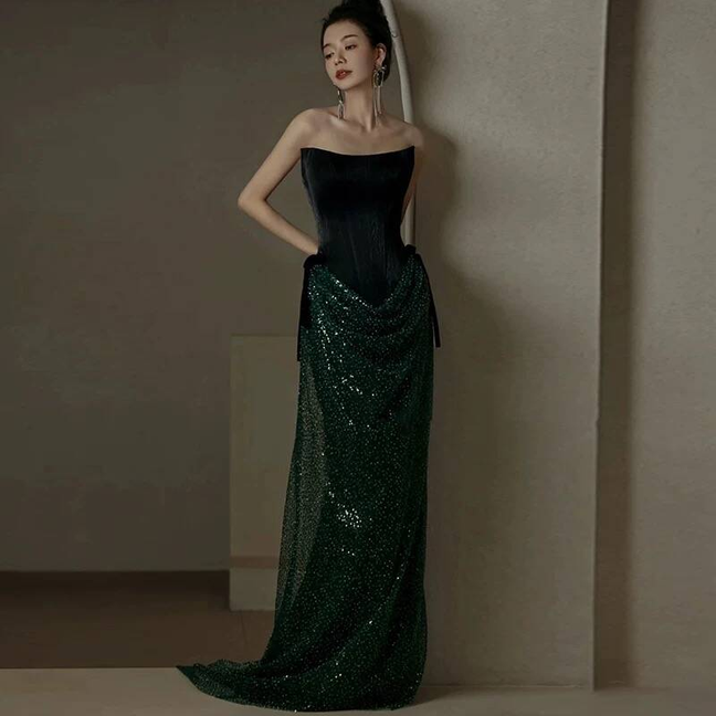 Sparkly Sheath Strapless Dark Green Sequin Prom Dresses Party Dress 17