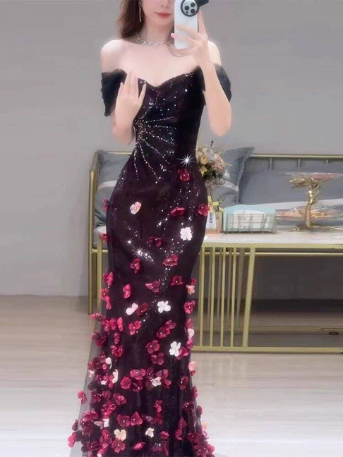 Bescheidene Meerjungfrau aus der Schulter schwarz Tüll langes Ballkleid Inspiration Party formale Kleid Ballkleider AU408