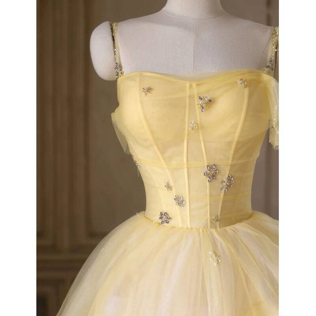 Timeless Ball Gown Spaghetti Straps Yellow Tulle Prom Dress Inspiration Long Party Formal Prom Dresses AU414