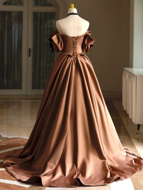 Unique Ball Gown Off The Shoulder Brown Satin Prom Dresses Party Dress 20th Birthday Outfits Graduation Dress AU439
