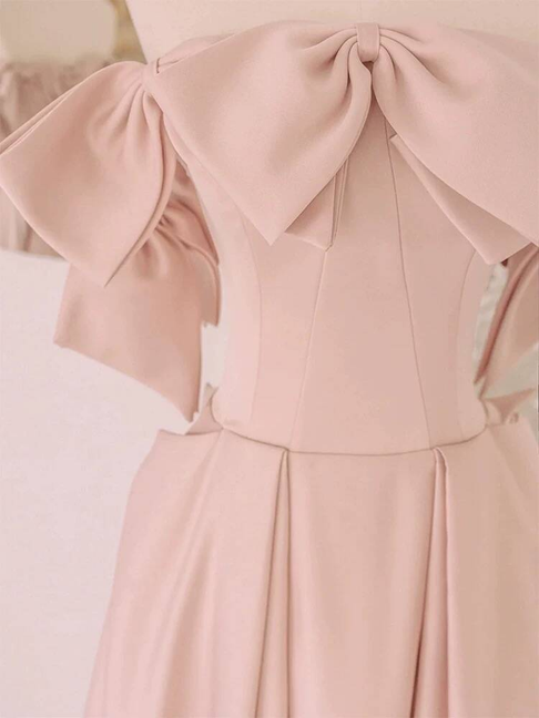 Simple A line Off The Shoulder Blush Pink Satin Prom Dresses Party Dress 18th Birthday Outfits Graduation Dress AU441