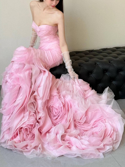 Cute Mermaid Sweetheart Pink Tulle Prom Dresses Long Party Dress 22th Birthday Outfits Graduation Dress AU474