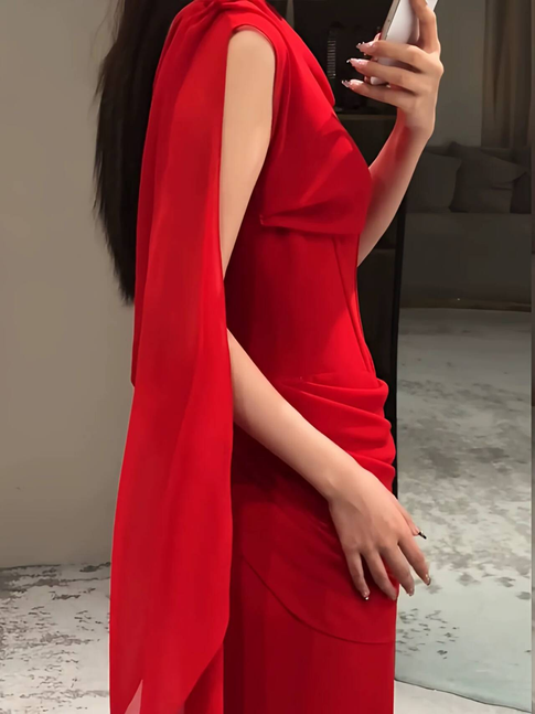 Classy Mermaid Cowl Neck Red Chiffon Long Prom Dresses Inspiration Prom Dress Senior Graduation Dress AU487