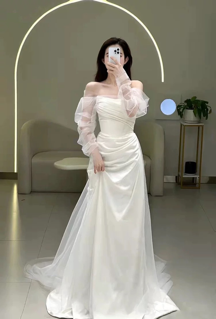 Dream Mermaid Strapless White Satin Pleated Wedding Dress With Sleeves Styles Long Fairytale Brides Gown Wedding Dresses Ideas AU520