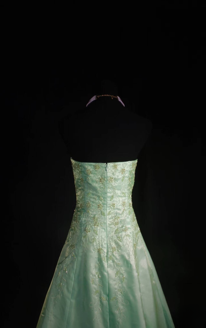 Retro Ball Gown Strapless Mint Green Satin Floor Length Prom Dress Inspiration Long Prom Dresses AU526