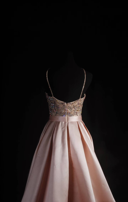 Vintage A line Halter Pink Satin Beads Long Prom Dresses Party Dress Princess Graduation Dress AU537