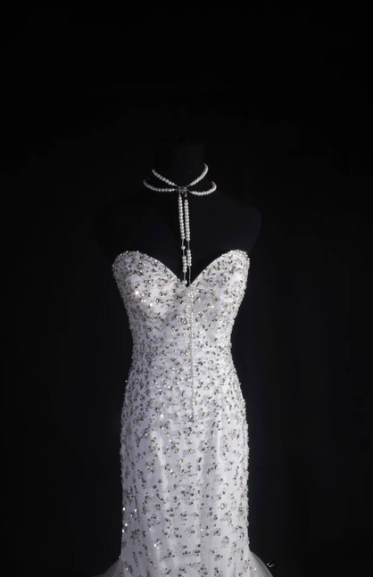 Vintage Mermaid Sweetheart White Tulle Silver Beads Long Prom Dresses Party Dress Princess Graduation Outfits For Women AU549