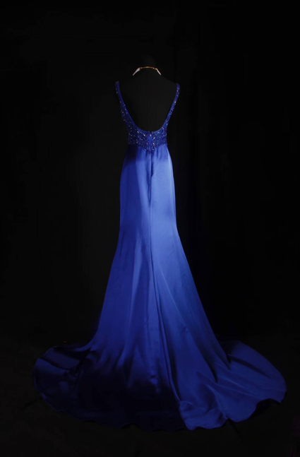 Vintage Mermaid Square Neck Royal Blue Beads Satin Long Prom Dresses Party Dress Princess Graduation Outfits For Women AU551