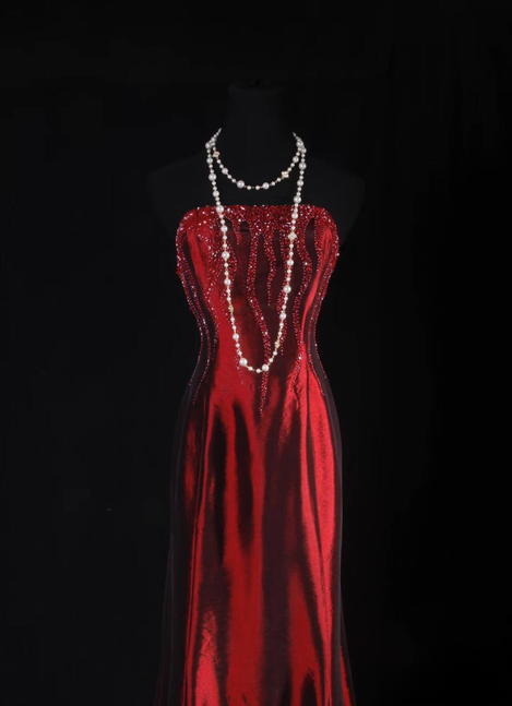 Classic Mermaid Strapless Beads Red Satin Long Prom Dress Inspiration Party Senior Dance Graduation Dresses AU553