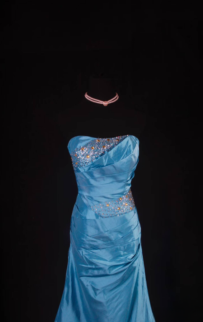 Vintage Mermaid Strapless Silver Beads Blue Taffeta Long Prom Dresses Party Dress Princess Graduation Outfits For Women AU562