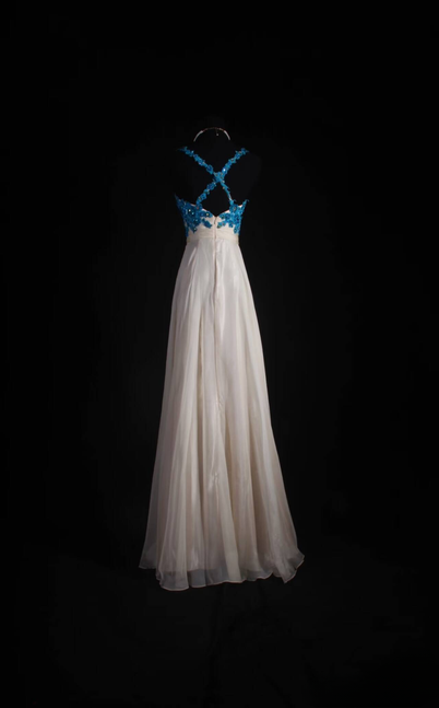 Vintage Ballkleider 90er Jahre A-Linie Spaghettiträger Blaue Spitze Champagner Chiffon Langes Partykleid Inspiration Senior Dance Abschlusskleider AU581