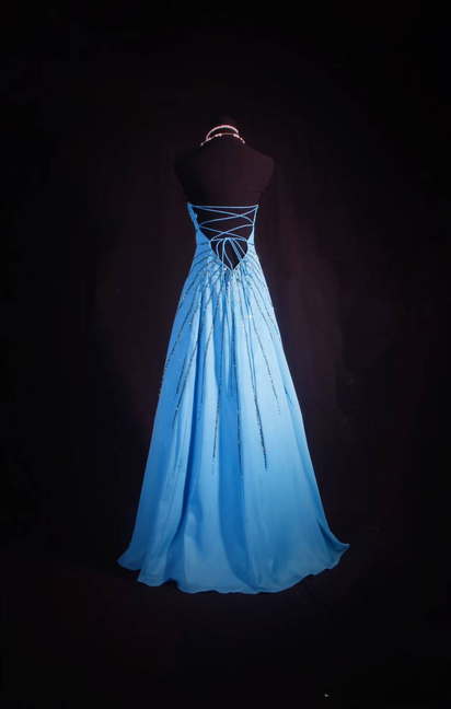 Vintage Ballkleider 1950er Retro Classy A-Linie Trägerloses Chiffon Blau Rückenfreies Langes Partykleid Abschluss-Outfit Für Frauen AU595