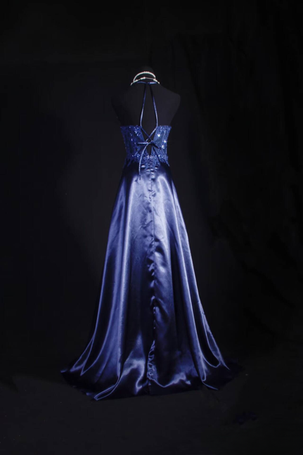 Vintage Ballkleider 1950er Retro Classy A-Linie Neckholder Marineblau Satin Spitze Langes Partykleid Abschlussoutfit Für Frauen AU597