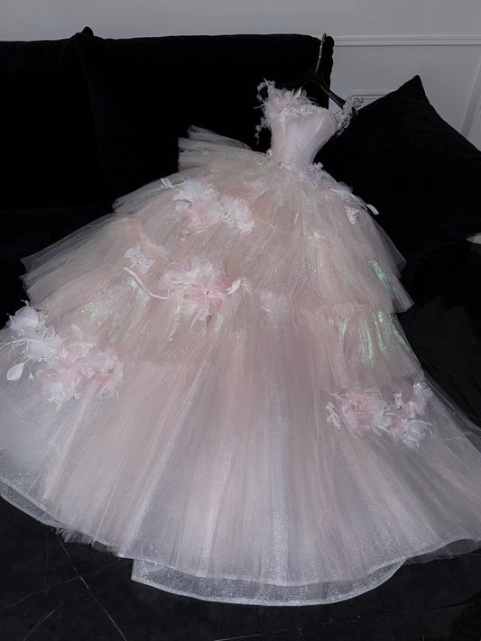 Modest Prom Dresses Ball Gown Strap With Flowers Tulle Vintage Fashion Long Prom Dresses Party Gowns AU609