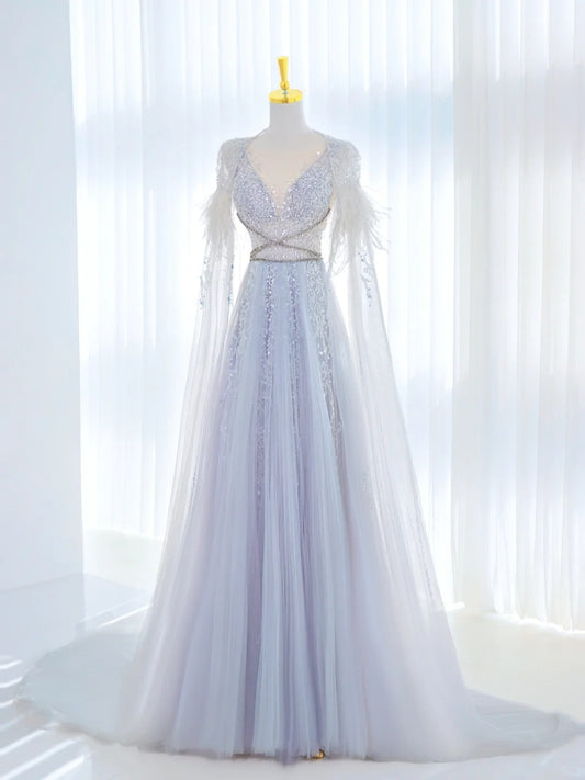 Romantic A Line V Neck Tulle Prom Dresses Long Party Dress 21st Birthday Outfit Graduation Dress AU817