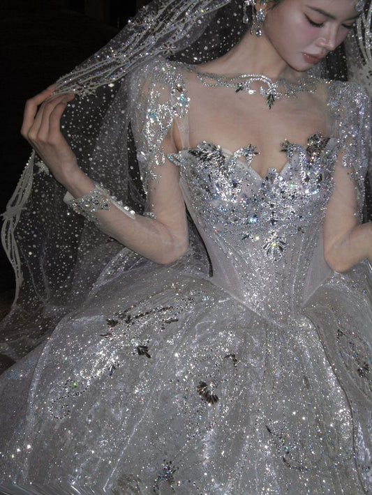 Romantisches Ballkleid Schatz Silber Applikationen Pailletten Langes Brautkleid Göttinnen Kleider Formale Brautkleider B06