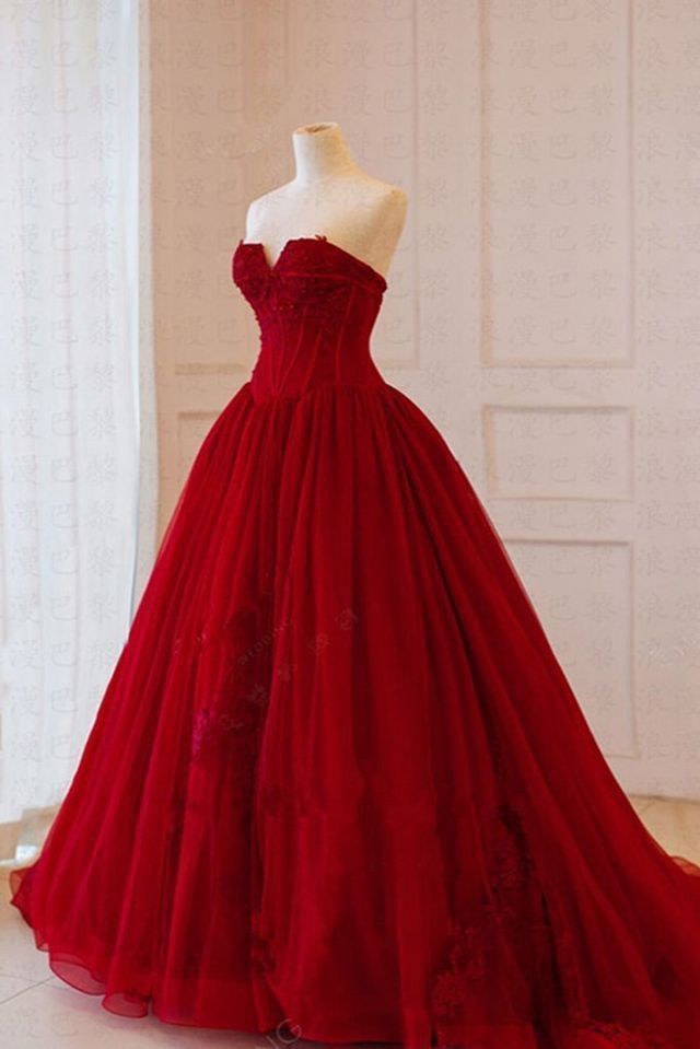 Modest Ball Gown Strapless Red Tulle Prom Dresses Inspiration Trending Prom Gowns Princess Formal Prom Dress B246