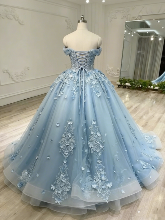 Bescheidene Quinceanera-Kleider Ballkleid aus der Schulter Hellhimmelblau Geburtstagskleider Vestidos de 15 Anos Formale Party Langes süßes 15. 16. Kleid B308