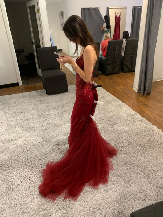 Beautiful Mermaid Spaghetti Straps Burgundy Lace Tulle Prom Dresses Inspiration Prom Dress Princess Graduation Dress B337