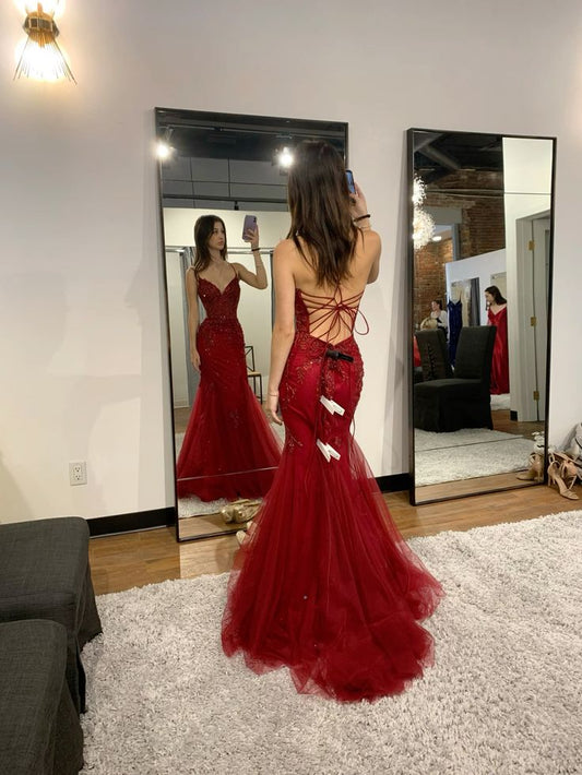 Sexy Mermaid Spaghetti Straps Burgundy Lace Tulle Prom Dresses Inspiration Prom Dress Princess Graduation Dress B355