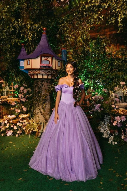 Elegant Ball Gown Off The Shoulder Lilac Tulle Long Prom Dresses Inspiration Trending Evening Gowns Formal Prom Dress B373