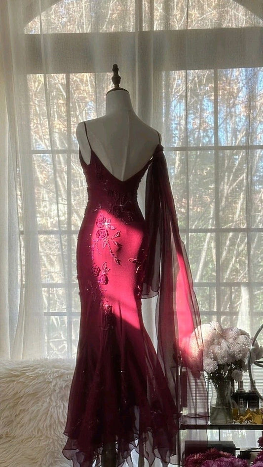 Elegant Mermaid Spaghetti Straps Burgundy Chiffon Prom Dresses Inspiration Trending Evening Gowns Formal Party Prom Dress B374