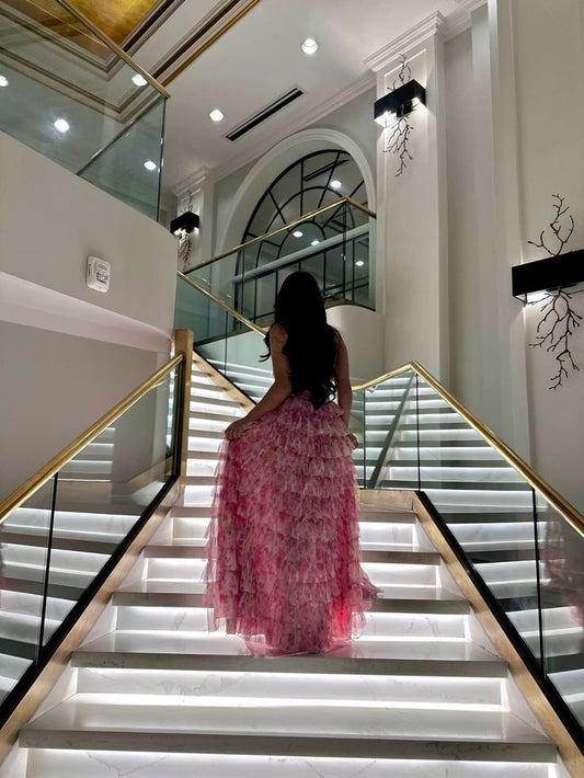 Modest Ball Gown Spaghetti Straps Pink Floral Tulle Prom Dresses Inspiration Prom Dress Princess Party Birthday Graduation Dress B389
