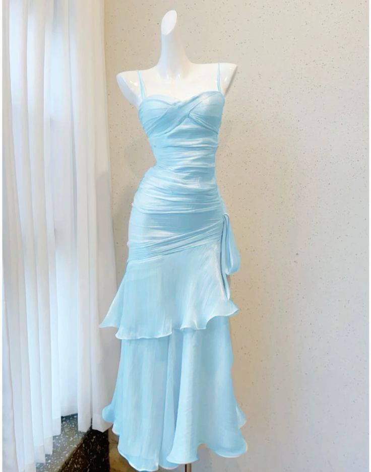 Stunning Mermaid Spaghetti Straps Blue Satin Prom Dresses 2026 Inspiration Prom Dress Princess Graduation Dress B400