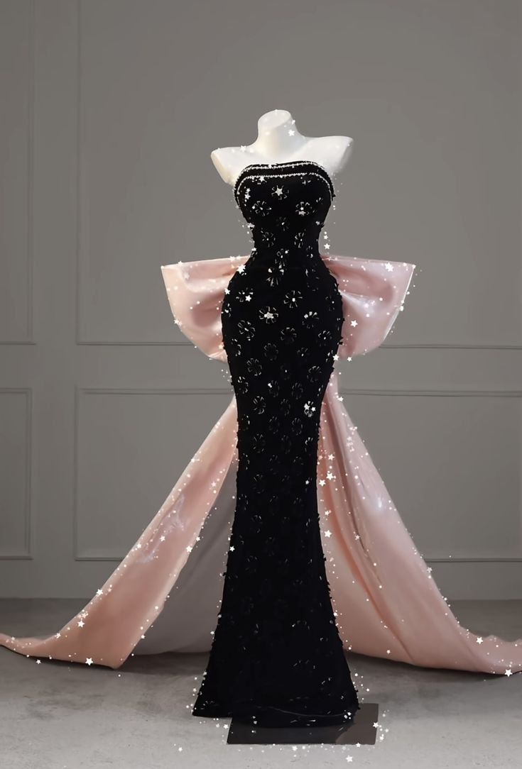 Elegant Mermaid Strapless Hot Pink Satin Long Floor Length Black Prom Dress Inspiration Long Prom Dresses B46