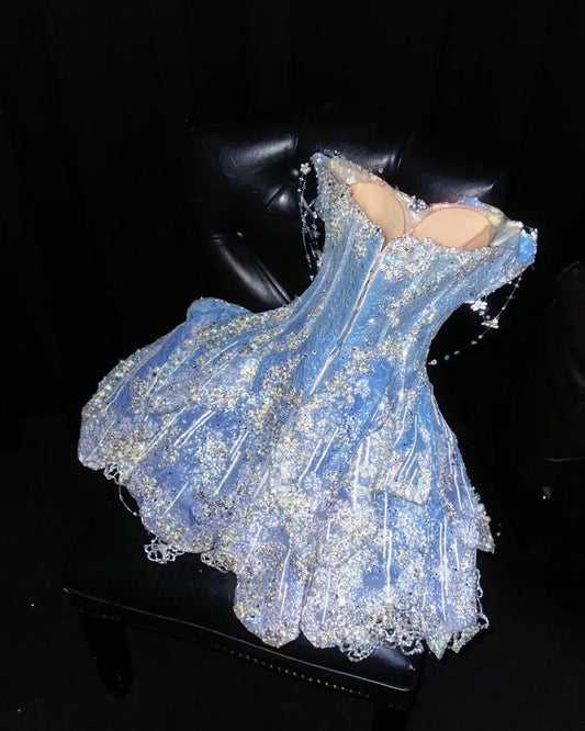 Süßes Ballkleid Schatz Hellblau Pailletten Kurz 16. Geburtstag Outfits Homecoming Kleider Cocktailkleid B576