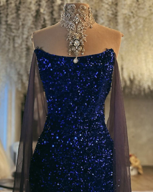 Classy Mermaid Strapless Navy Blue Sequins Prom Dresses Inspiration Party Dress Princess Graduation Dress B637